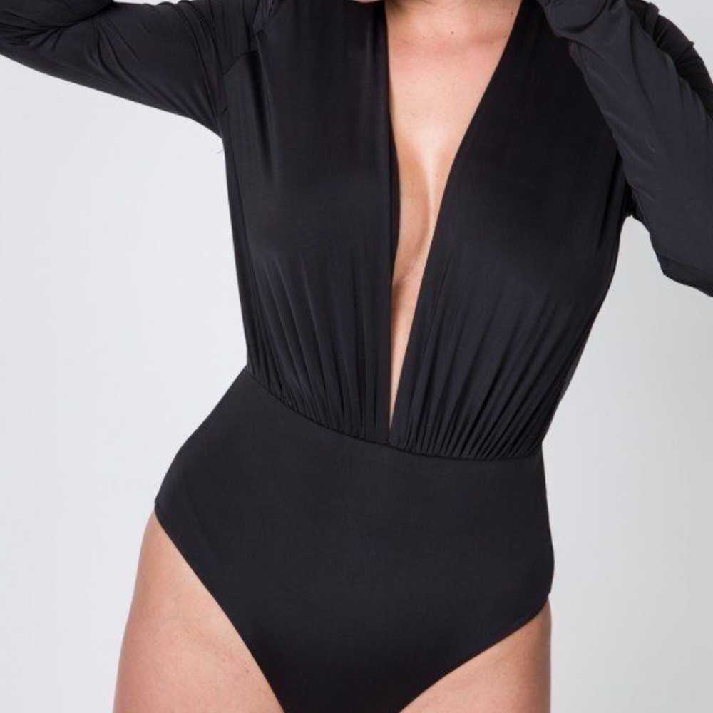 Power Shoulder Deep V Long Sleeve Bodysuit